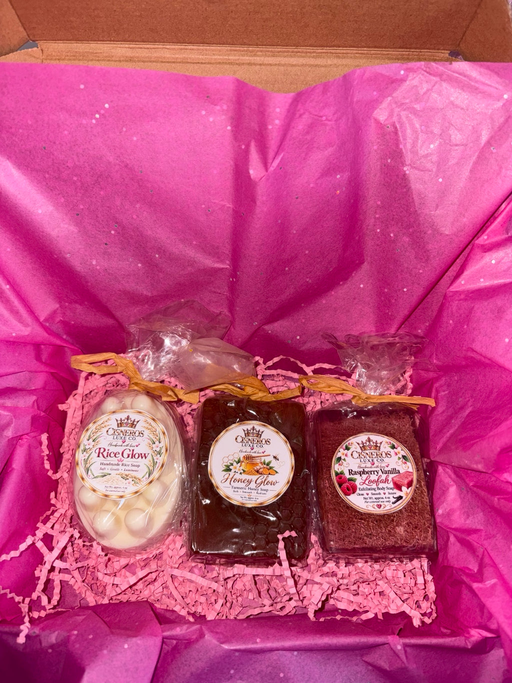 Cisneros Luxe Glow Set with Rice Glow, Honey Glow and Raspberry Vanilla Loofah soaps
